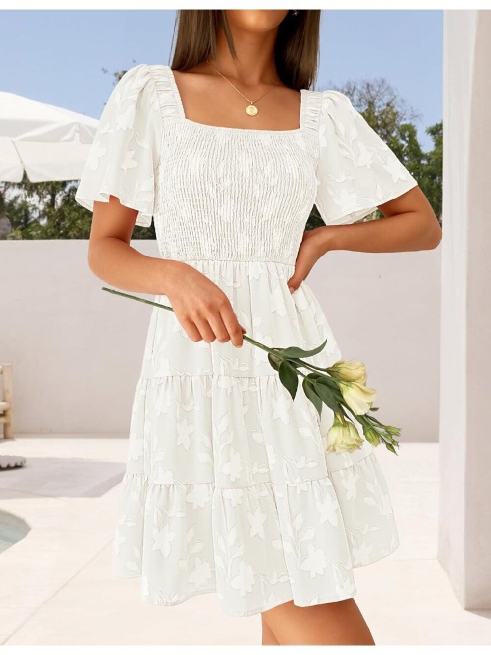 〽️Women's White Casual Short Sleeve Square Neck Summer Boho Floral Mini Dress